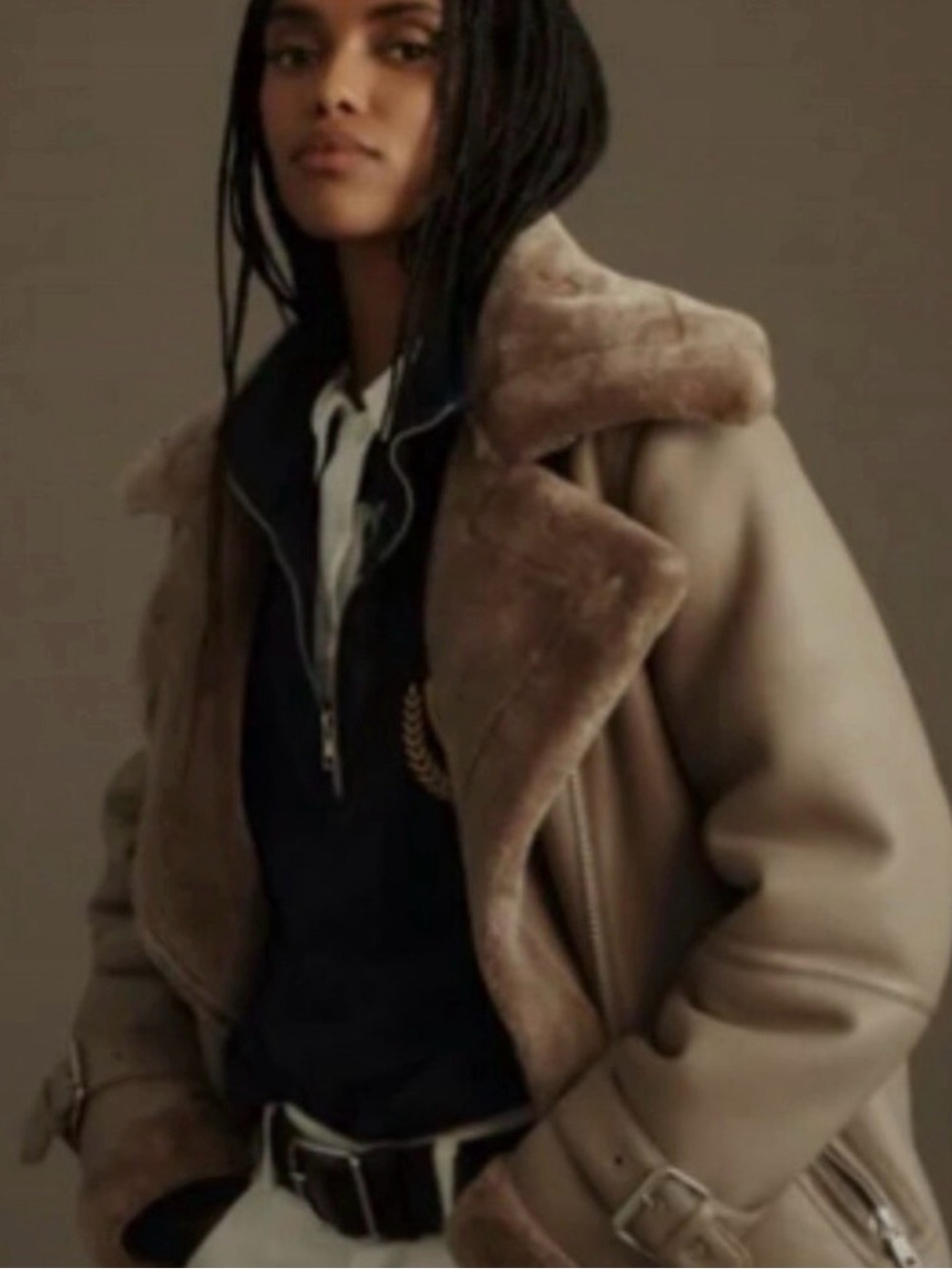 NWT Anthropologie Taupe Shearling-Lined Aviator Jacket - Women's Coat - Picture 2 of 4